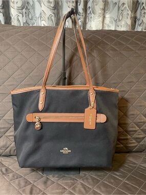 Coach Sawyer Black Tote with Brown Leather Trim and Gold Hardware